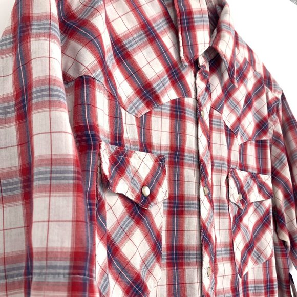 Wrangler M Wrancher Shirt Red Blue Plaid Pearl Snap Button Short Sleeve Collared - Picture 2 of 13